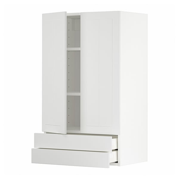 White METOD kitchen units; two tall and two wide drawers.