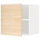 A white ikea METOD kitchen wall cabinet with a light ash wood-patterned door. Its rectangular, featuring an adjustable shelf inside.