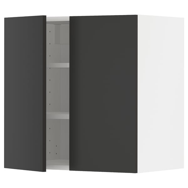 A modern black kitchen cabinet with adjustable shelves, part of the ikea METOD system.