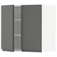A grey METOD kitchen cabinet with one door open, revealing adjustable shelves.