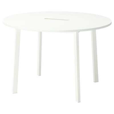 MITTZON: white round conference table with four legs, modern design, ideal for small meetings.