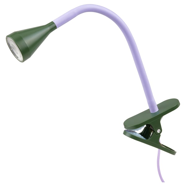 Green & lavender NÄVLINGE lamp with adjustable, glare-free light.