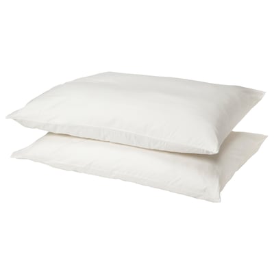 Two white, rectangular pillows with smooth, cotton covers stacked neatly.