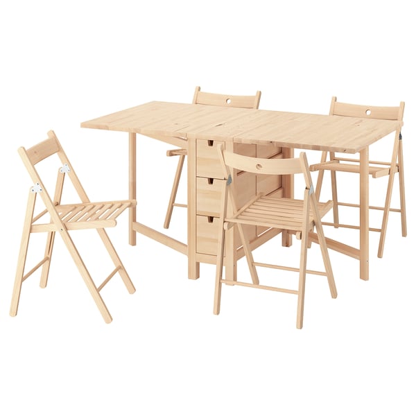 IKEA NORDEN set: light wood dining table with 4 foldable chairs, minimalist & space-saving.