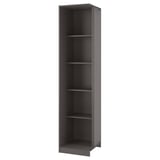 A grey PAX corner wardrobe unit with three empty shelves for storage.