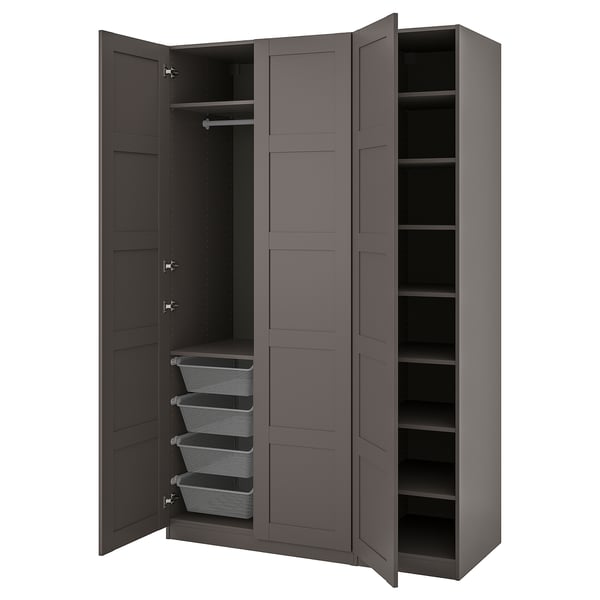 An open grey PAX wardrobe with shelves and mesh baskets.
