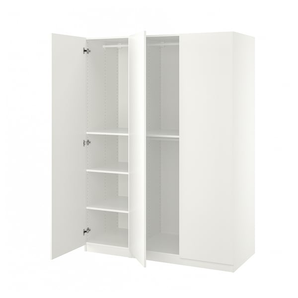 This image a white ikea PAX wardrobe with open doors revealing adjustable shelves. The modern, minimalist design offers ample storage space.