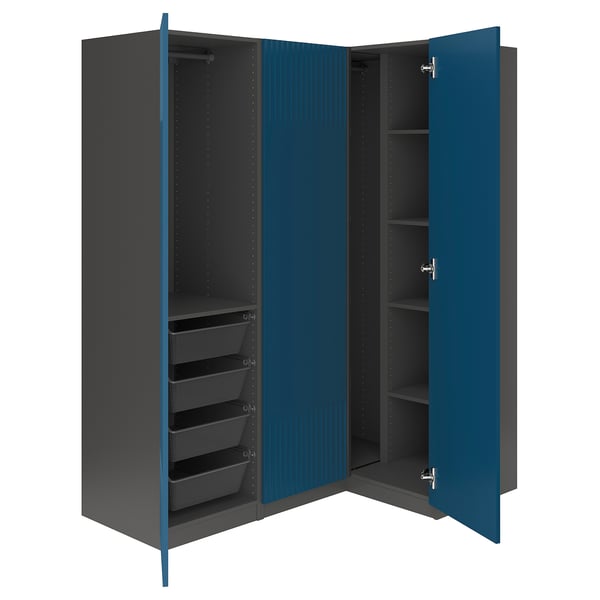 A blue PAX wardrobe with shelves and mesh drawers. The wardrobe is open, displaying storage options.