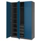Blue PAX wardrobe with open doors displaying shelves and divider, modern style.