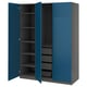 Blue PAX wardrobe with adjustable shelves and mesh basket, featuring soft-close doors.