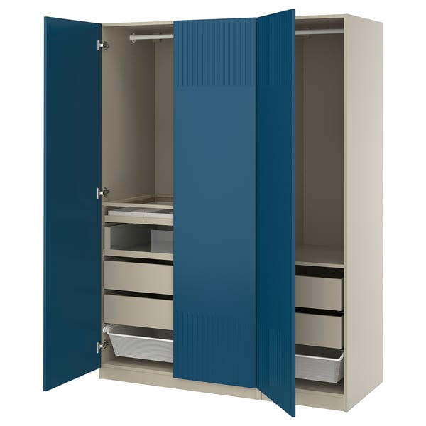 Blue and beige wardrobe; PAX by IKEA. Offers drawers, shelves, mesh baskets, and hanging space. Soft-close hinges.