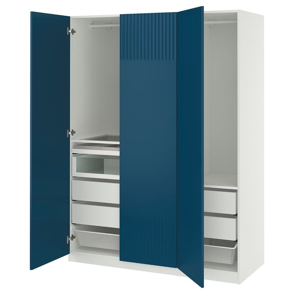 PAX wardrobe: blue doors, white interior, mesh baskets, glass shelves.
