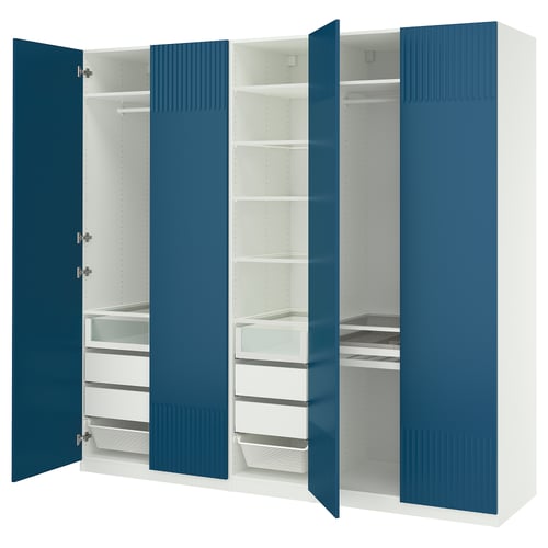 PAX blue-white wardrobe, modern, rectangular, with four sections, featuring shelves, drawers, and hanging space.