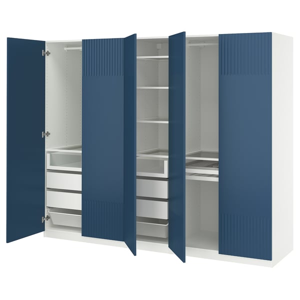 Blue PAX wardrobe with open doors, shelves, and drawers in modern style.