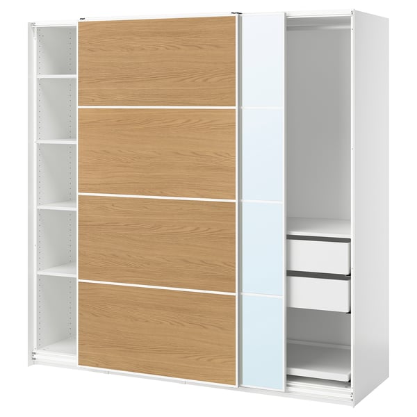 PAX / MEHAMN/AULI Wardrobe with sliding doors, white white/oak effect mirror glass, 200x66x201 cm