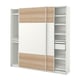 A white PAX wardrobe with light wood panels and sliding doors. It shelves and hanging space for clothes.