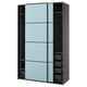 Modern wardrobe featuring light blue panels and black frame, sliding doors, and mesh storage baskets.
