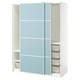 This image shows an ikea PAX wardrobe in white and light blue with sliding doors and mesh drawers.