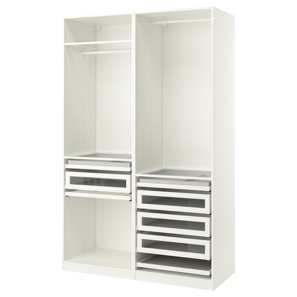 White ikea PAX wardrobe; tall, rectangular, open design with glass drawer fronts.