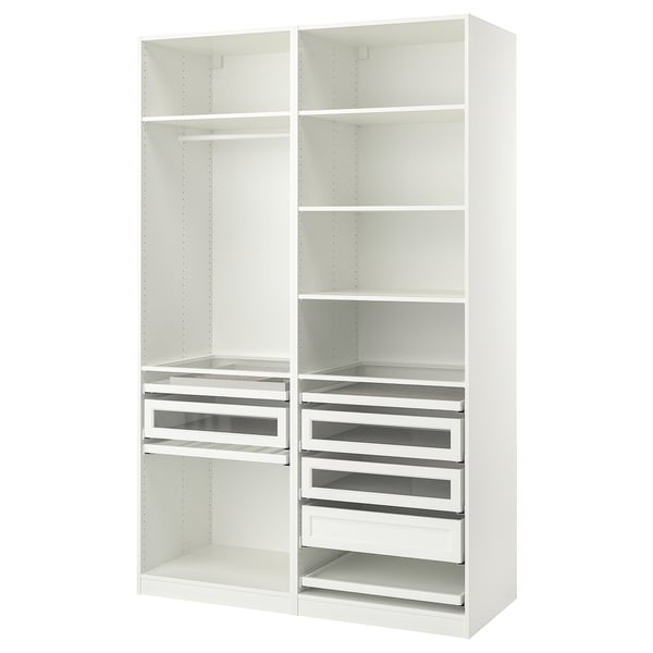White PAX wardrobe with glass drawers and shelves in a minimalist design.