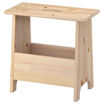 PERJOHAN wooden stool in natural colour, rectangular shape with legs, open storage below.