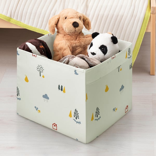 Green toy box, kallax-compatible, soft forest design.