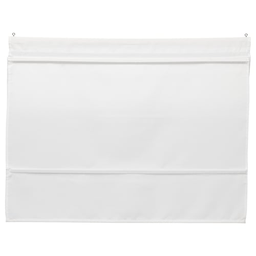 Image shows white RINGBLOMMA roman blinds with cordless design and magnetic controls, featuring durable recycled polyester material.