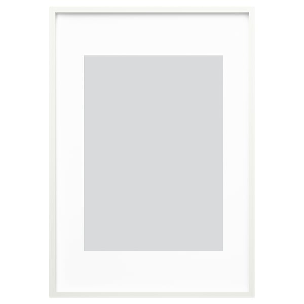 White RÖDALM picture frame with grey mat, modern and versatile; can hang horizontally or vertically.
