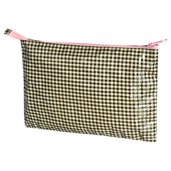 Rectangular chequered pouch, pink zip, recycled materials.