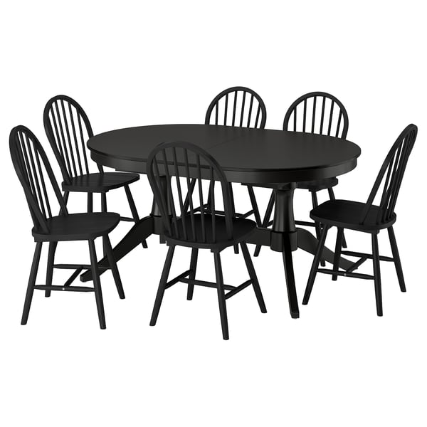 ROSENTORP / SKOGSTA Table and 6 chairs, black/black, 160/215x110 cm