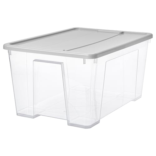 SAMLA Box with lid, transparent/light grey, 57x39x28 cm/45 l