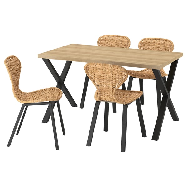 SKÅLSTA Table and 4 chairs, oak effect X-shaped black-grey/rattan profiled metal/black-grey, 140x80 cm
