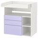 Depicts a white and purple SMÅSTAD changing table with open compartments. Multiple shelves and drawers.