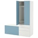 A white and light blue SMÅSTAD kids wardrobe with a hanging rail and drawers. The wardrobes door is open, revealing an inner basket.