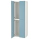 A tall, blue, and white wardrobe with four doors and adjustable feet, ideal for organising clothes in a small space.