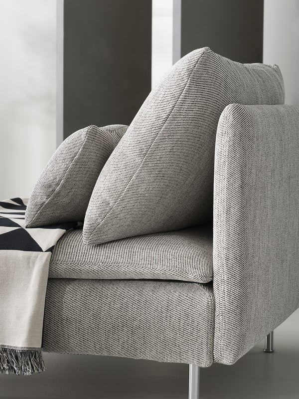 Modern grey fabric SÖDERHAMN sofa, deep seat, slim lines, high legs, cosy design.