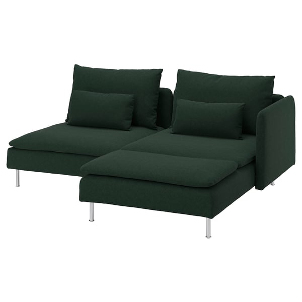 SÖDERHAMN dark green l-shaped sofa, modern design, deep seats, metal legs, loose cushions.