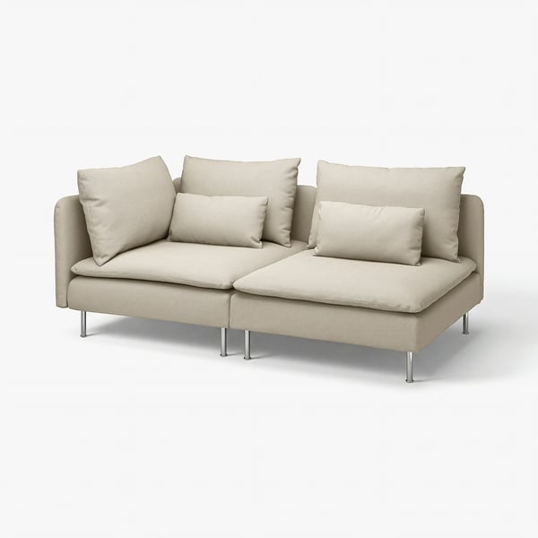 Modern SÖDERHAMN beige sectional sofa, light grey linen, low-profile, deep seats, metal legs.