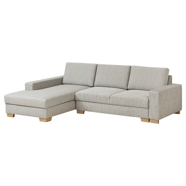 SÖRVALLEN sectional sofa: modern, light grey, scandinavian design, with storage chaise longue, wooden legs, deep seats, and minimalist style.
