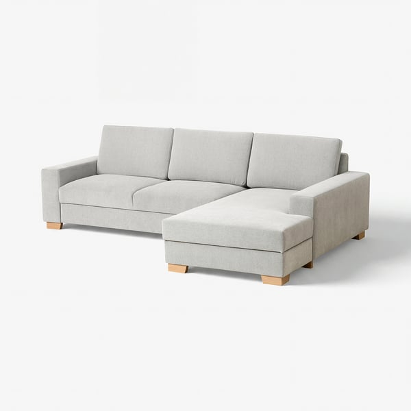 Light grey modern scandinavian-style sofa, l-shaped with chaise, minimalist design, light wood legs.