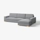 Modern grey l-shaped sofa with wooden legs, minimalistic scandinavian design.