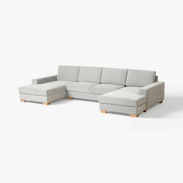 Modern grey l-shaped sofa with wooden legs, minimalist design, light fabric, comfortable cushions.