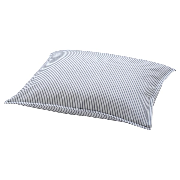 Blue and white striped pillow with recycled cotton material. Rectangle shape, laid flat on white surface.
