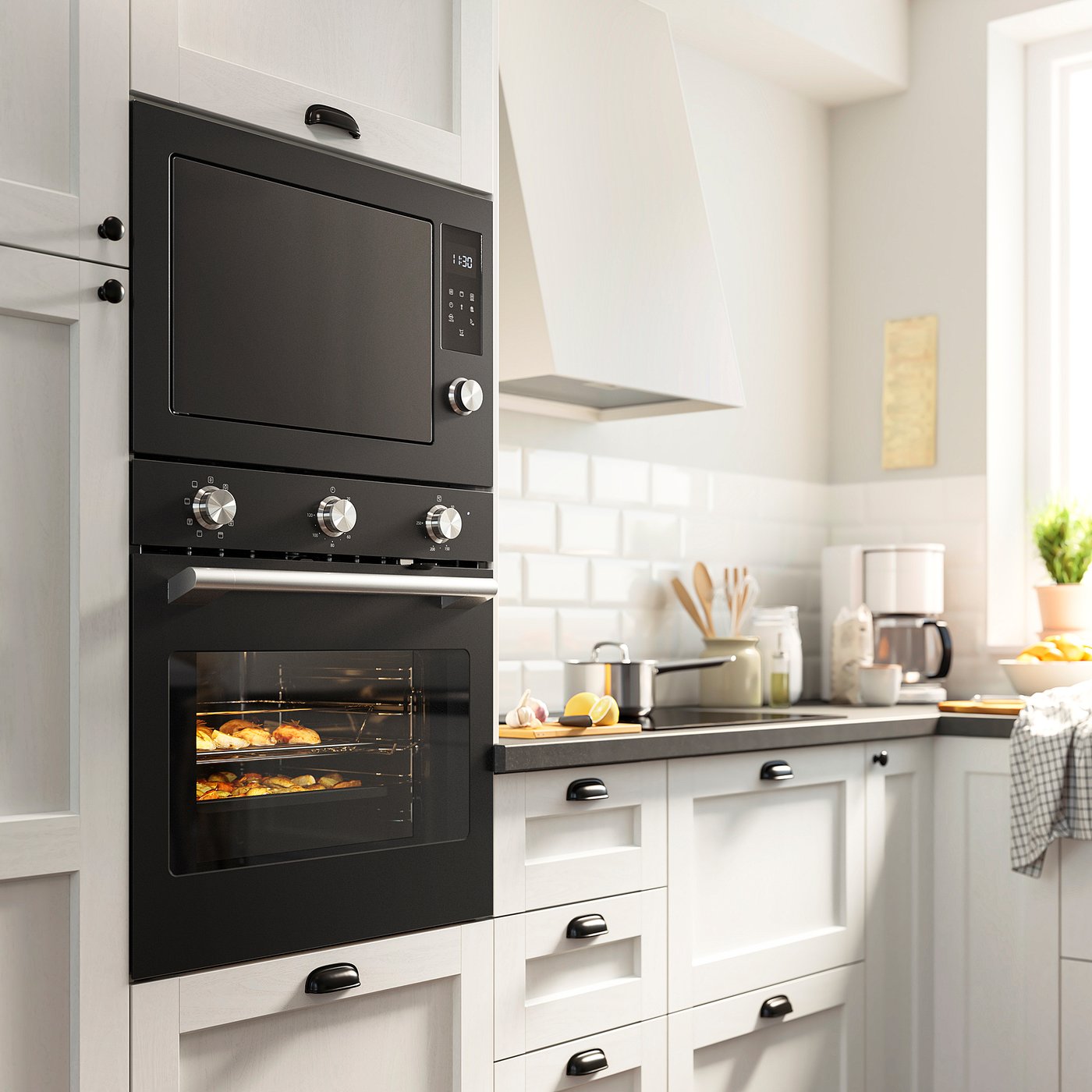 Modern kitchen with black IKEA STENABY oven, sleek design, built-in, microwave above.