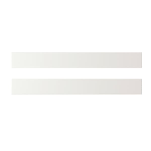 Two white rectangular panels with bevelled edges, likely kitchen cabinets, in white colour.