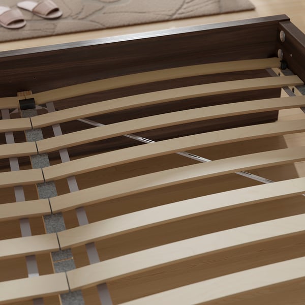 Wooden bed frame with adjustable slats, designed for comfort and durability. Felt strips reduce noise from slats, ensuring quiet sleep.