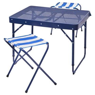 Blue mesh-top table with matching folding stool for outdoor use.