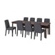 A STRANDTORP dining set with a dark brown wooden table and six grey chairs.