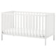 A white SUNDVIK baby cot with vertical slats, sturdy wooden construction, and adjustable base height.