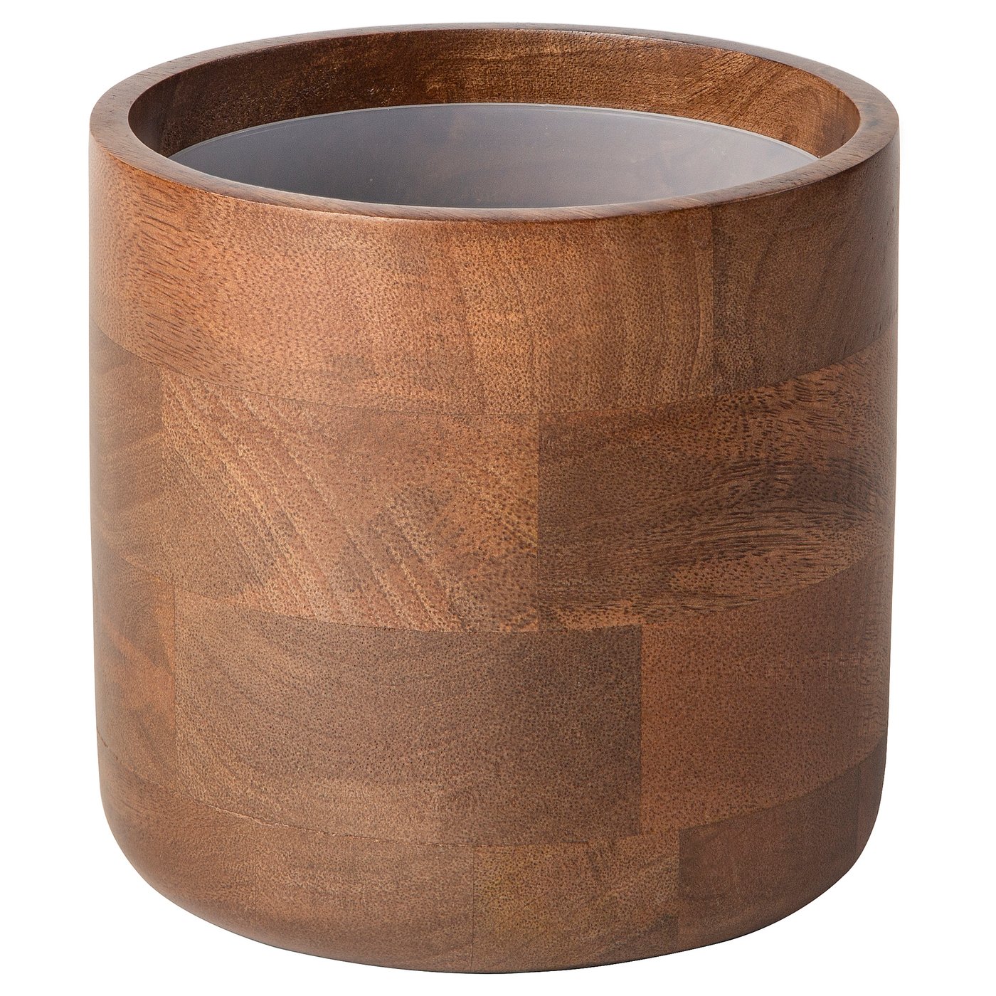 SVARTHÄTTA plant pot, brown, mango wood & recycled plastic, cylindrical, angular patterns.